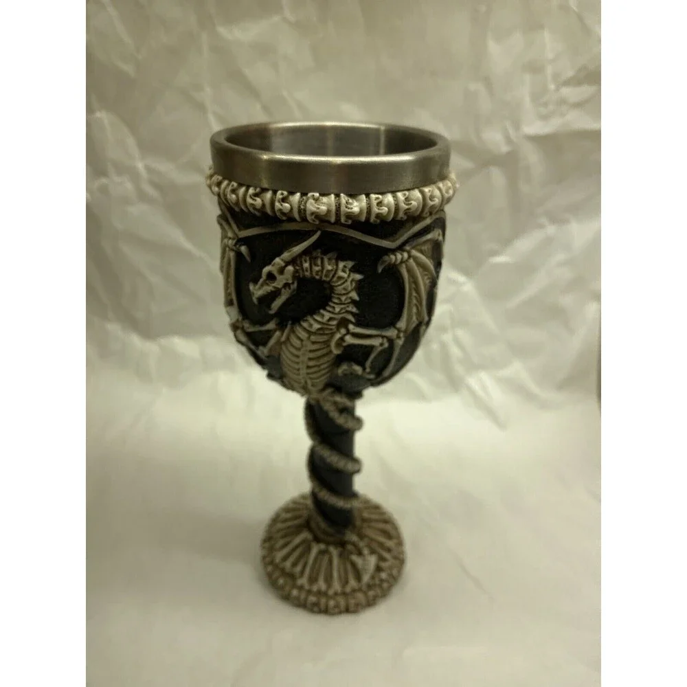 Medieval Dragon Skeleton Ossuary Chalace 7.25 in Black Cream Wine Glass